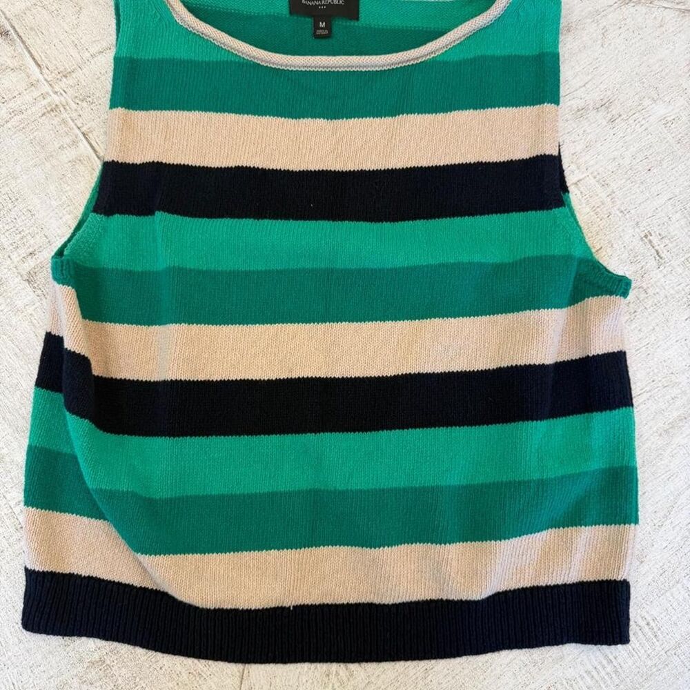 Banana Republic Striped Knit Sweater Vest Green Navy Beige